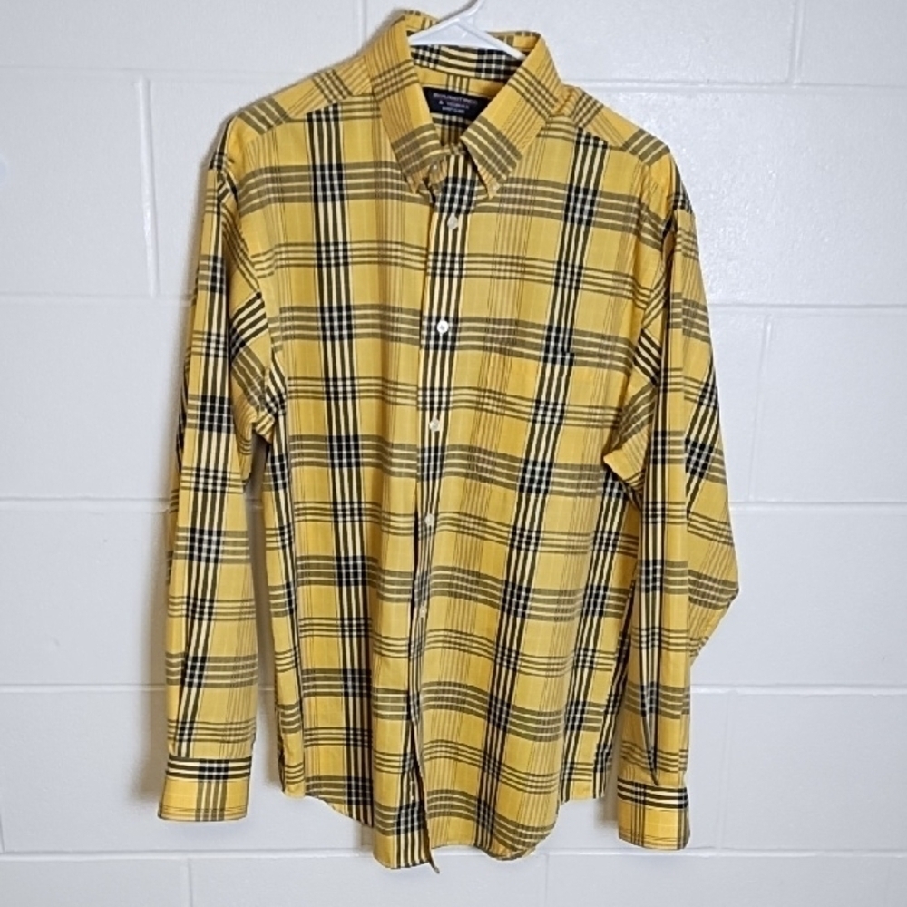 Yellow Navy Plaid Easy Care Button Down Men's Shirt